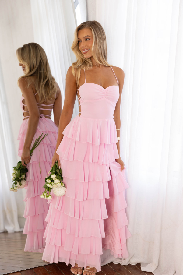 Girlish Chiffon Floral Prom Gown Blush Pink Women's Corset Maxi Evening Dress Casual Dress RS2893