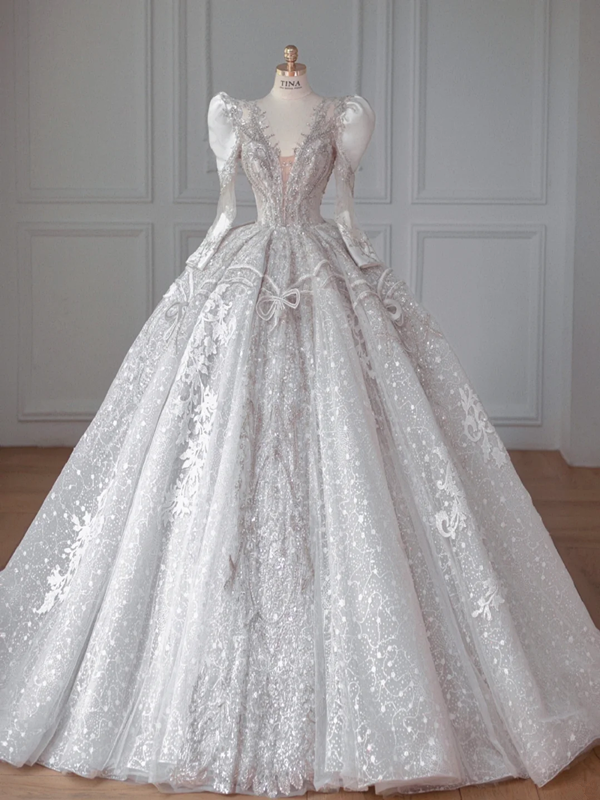 Silver Classic Sequined Fitted Waist Puffy Skirt Bridal Dress R6010