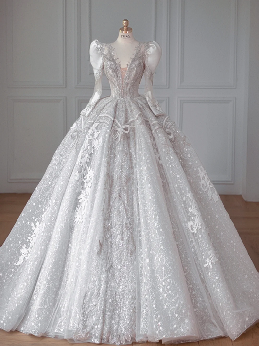 Silver Classic Sequined Fitted Waist Puffy Skirt Bridal Dress R6010