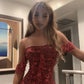 Retro red pleated tube top one shoulder hip sexy short skirt homecoming dress R3130