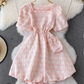 French retro temperament puff sleeve square neck waist slim dress petite short puffy princess dress R0354