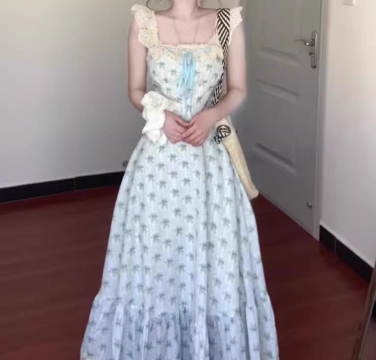 Blue floral dress gentle temperament beautiful summer skirt R0762