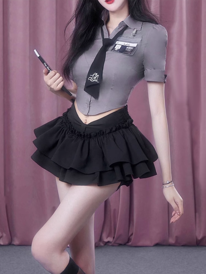 College style short waist shirt 2025 large size design puffy skirt suit R1030