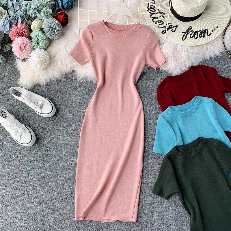 Short-sleeved solid color round neck elastic knitted tight skirt dress mid-length     S3947