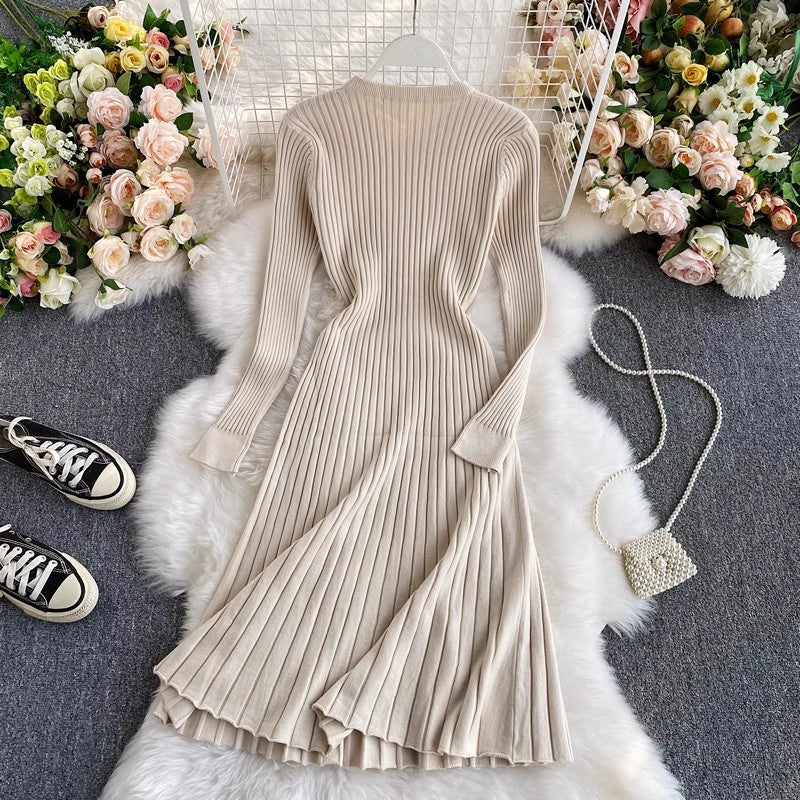 round neck knee-length knitted dress women's mid-length A-line sweater dress      S3942