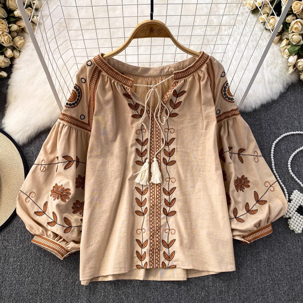 long-sleeved round neck embroidered shirt for women casual tops     S3952