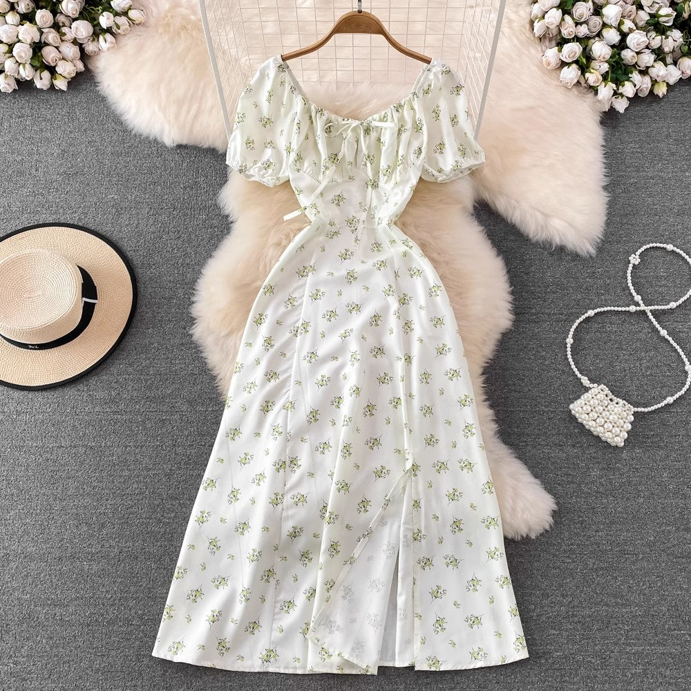 floral puff sleeves lace-up sexy dress women's long dress     S3971