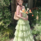 Green v-neck ruffled waist Tencel suspender dress women's summer French forest style skirt R4617
