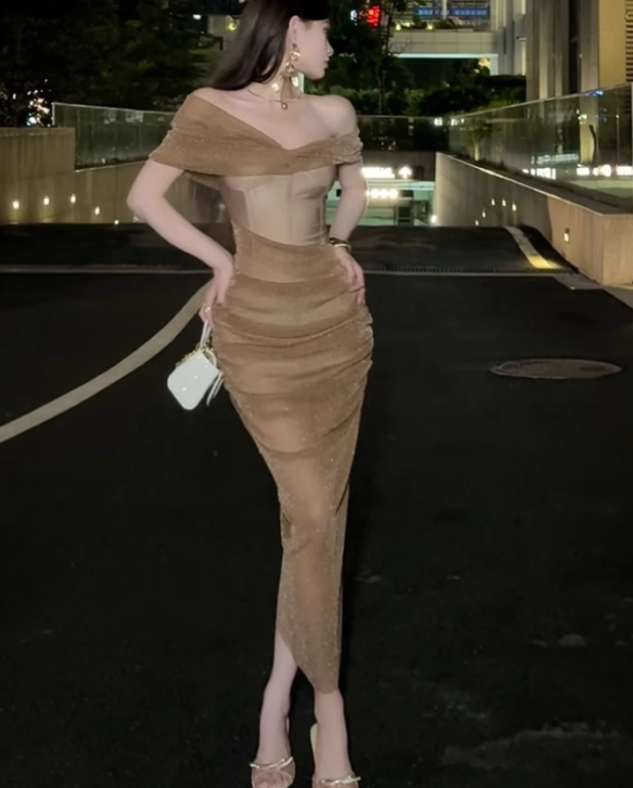 Large size French pure sexy one shoulder dress high-end lady evening dress R1830