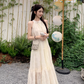 White lace off-shoulder beach maxi dress holiday suspender dress French retro dress R1697