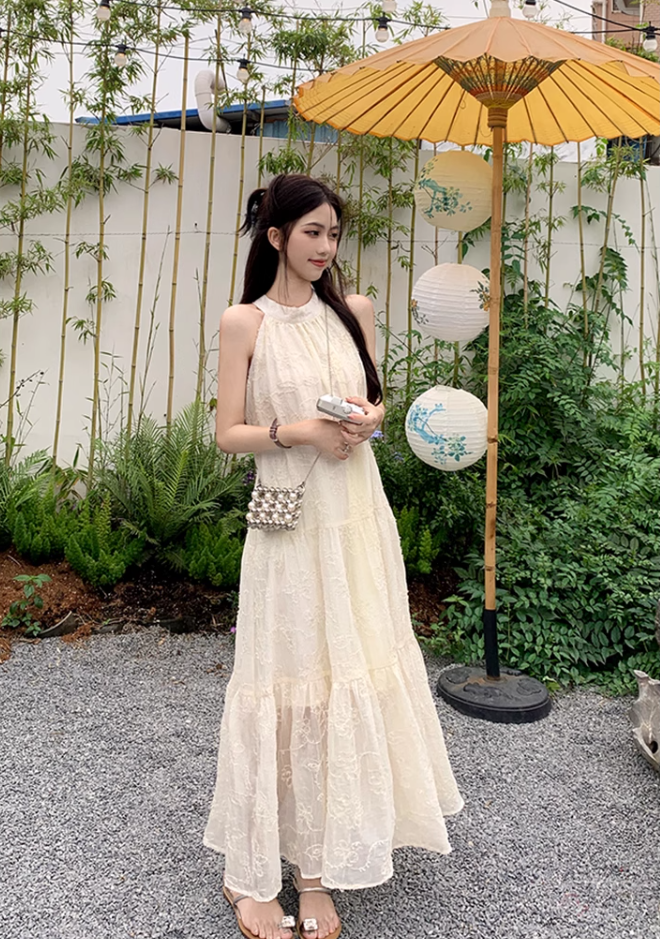 White lace off-shoulder beach maxi dress holiday suspender dress French retro dress R1697