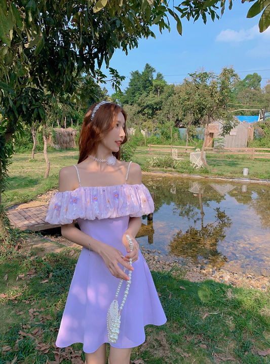 New summer skirt purple temperament one-shoulder French waist sweet suspender dress for women R4119