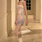 Lace fishbone print dress summer lace patchwork waist bag hip skirt R3334