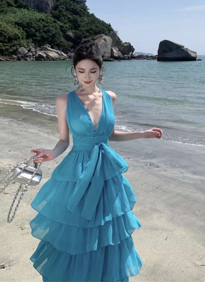 Blue seaside holiday long dress cake dress halter neck backless dress waist beach dress R1589