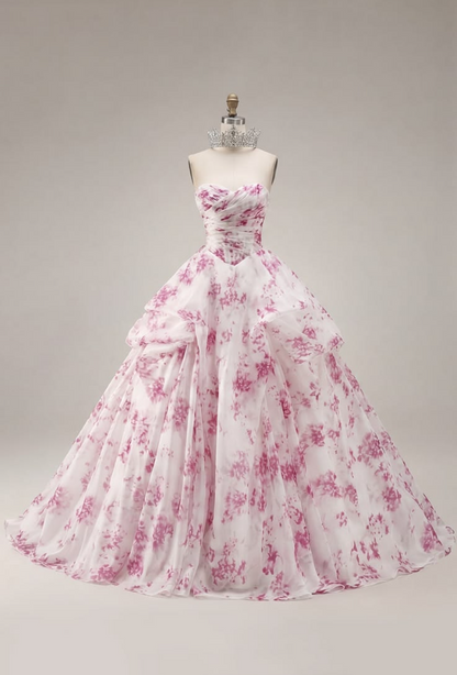 Chiffon Puffy Corset Prom Gown , Floral Women's Maxi Birthday Dress Ball Gown RS2407