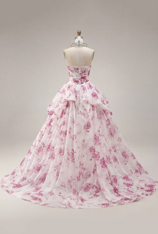 Chiffon Puffy Corset Prom Gown , Floral Women's Maxi Birthday Dress Ball Gown RS2407