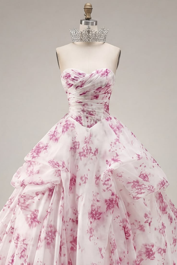 Chiffon Puffy Corset Prom Gown , Floral Women's Maxi Birthday Dress Ball Gown RS2407