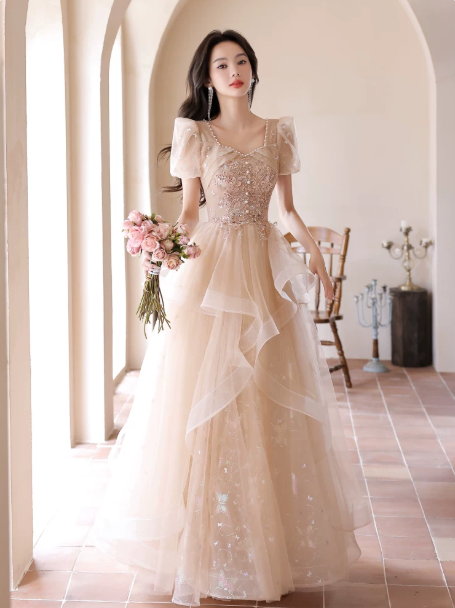 Elegant Ivory Beaded A-Line Square Applique Corset Maxi Prom Dress Evening Dress RS609