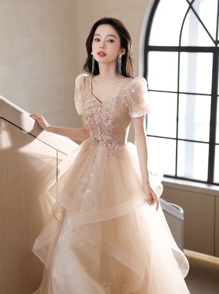 Elegant Ivory Beaded A-Line Square Applique Corset Maxi Prom Dress Evening Dress RS609