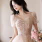 Elegant Ivory Beaded A-Line Square Applique Corset Maxi Prom Dress Evening Dress RS609