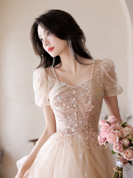Elegant Ivory Beaded A-Line Square Applique Corset Maxi Prom Dress Evening Dress RS609
