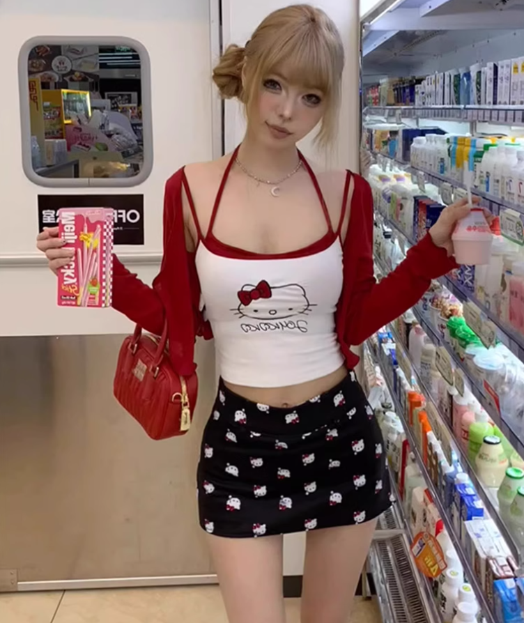 Sweet and spicy design printed sling cardigan 2025 pure desire style hip skirt suit R1047