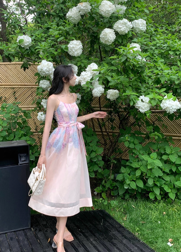 Fresh and elegant gradient print dress female 2025 new French gentle style flower suspender skirt R4380