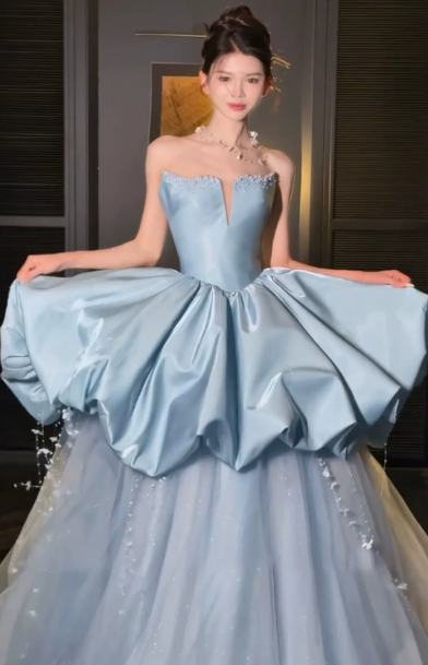 Elegant Baby Blue Tassel A-Line V-neck Corset Maxi Prom Dress Evening Dress RS610