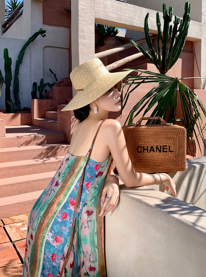 Travel wear beach dress retro travel seaside vacation floral suspender dress R1585