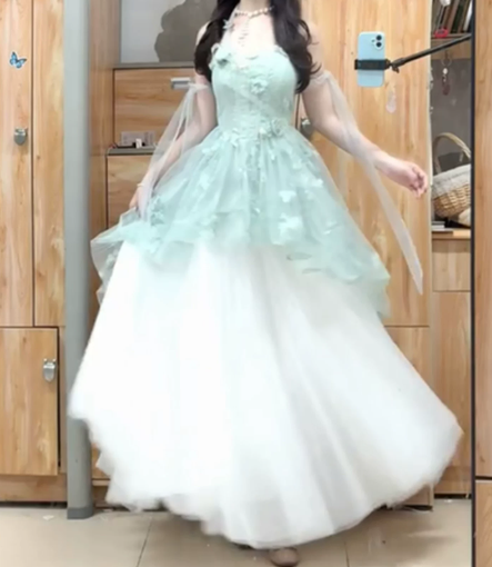 Fresh Mint Green A-Line Strapless Applique Corset Maxi Prom Dress Evening Dress RS611