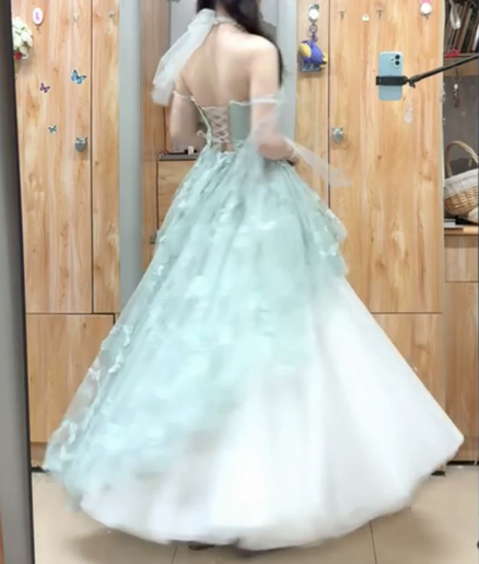 Fresh Mint Green A-Line Strapless Applique Corset Maxi Prom Dress Evening Dress RS611