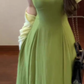 High-grade green square-neck suspender dress, gentle style, beautiful waist temperament long dress R0471