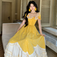Vibrant Bright Yellow A-Line Square Polka Dots Corset Maxi Prom Dress Birthday Dress RS612