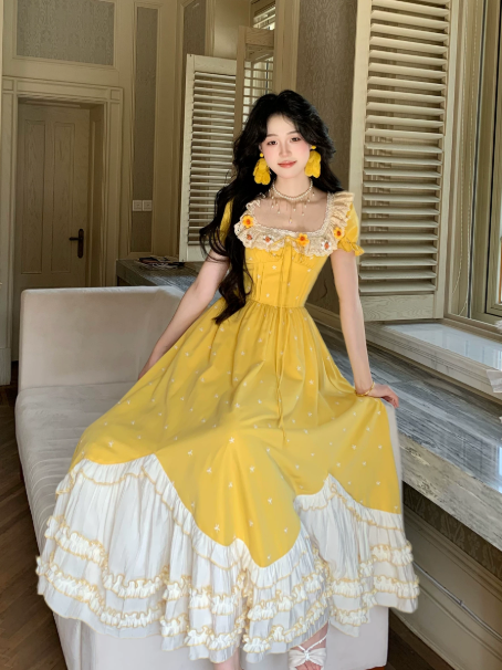 Vibrant Bright Yellow A-Line Square Polka Dots Corset Maxi Prom Dress Birthday Dress RS612