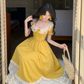 Vibrant Bright Yellow A-Line Square Polka Dots Corset Maxi Prom Dress Birthday Dress RS612