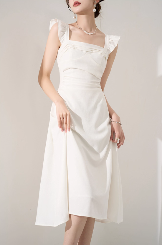 French style white flying sleeve dress beautiful temperament slim high-end little white dress R4260