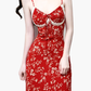 2025 Summer New Red Floral Sexy V-neck Mid-length Holiday Suspender Dress R0919