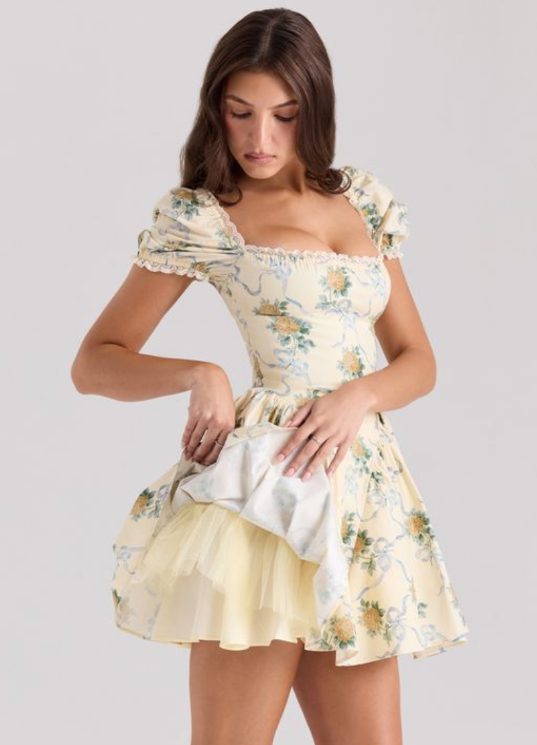 Apricot floral fresh waist slimming puffy princess dress homecoming dress R2956