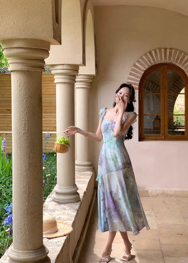 Beautiful oil painting style fishtail long skirt summer French retro gradient irregular suspender dress R4340