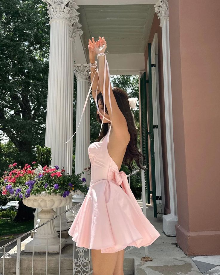 Pink halter neck sexy backless A-line puffy princess dress homecoming dress R2423