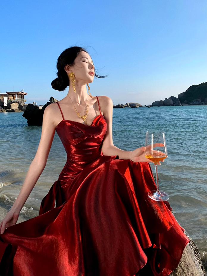 Fairy mermaid dress ruffled high-grade temperament red dress R1716