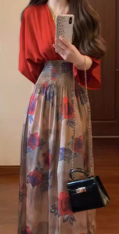 Retro red v-neck dress gentle temperament waist a-line long skirt R0744