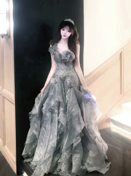Elegant Sliver A-Line One-shoulder Corset Maxi Prom Dress Party Dress RS615