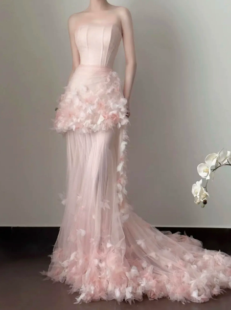 Gentle Blush Pink Mermaid Strapless Tulle Applique Corset Maxi Prom Dress Evening Dress RS616
