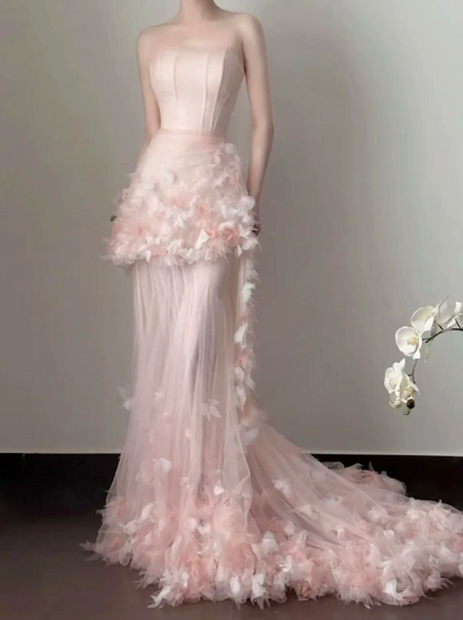 Gentle Blush Pink Mermaid Strapless Tulle Applique Corset Maxi Prom Dress Evening Dress RS616