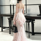 Gentle Blush Pink Mermaid Strapless Tulle Applique Corset Maxi Prom Dress Evening Dress RS616