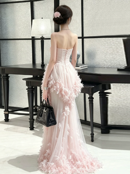 Gentle Blush Pink Mermaid Strapless Tulle Applique Corset Maxi Prom Dress Evening Dress RS616