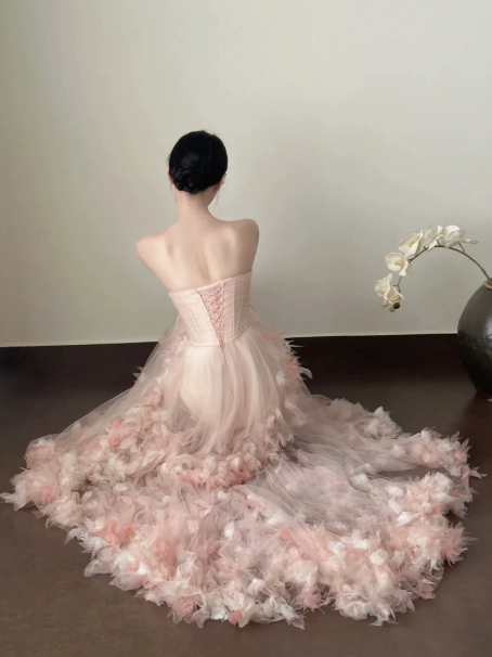 Gentle Blush Pink Mermaid Strapless Tulle Applique Corset Maxi Prom Dress Evening Dress RS616