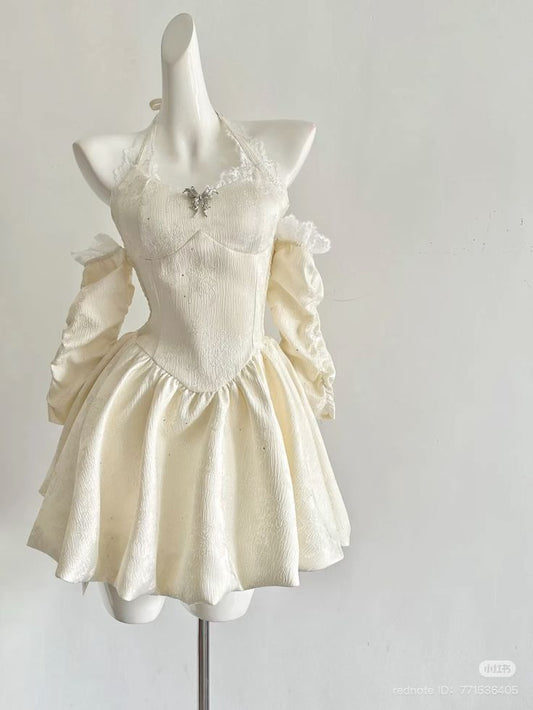 Apricot halter neck slim fit A-line tutu skirt homecoming dress R2569