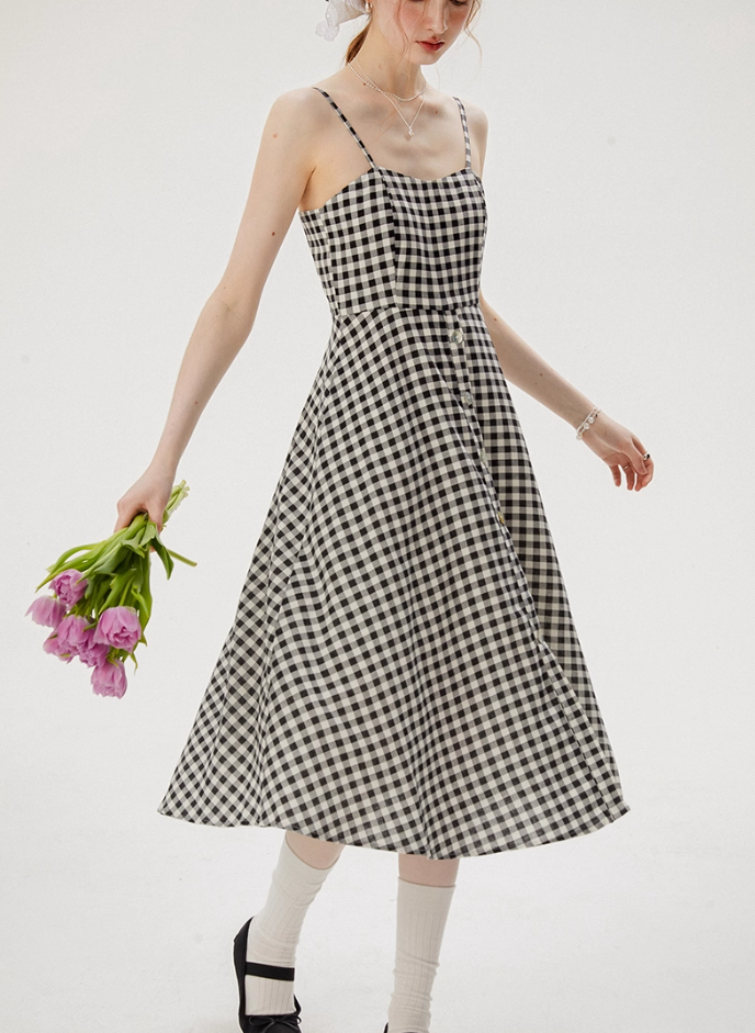 French retro plaid suspender dress niche design skirt women summer R3562